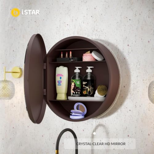 Image of iSTAR Round Wall Mirror with Storage Shelf | Bathroom Vanity Mirror with Hidden Storage Cabinet | Wall Mounted Decorative Mirror for Bathroom, Bedroom, Living Room (Brown)