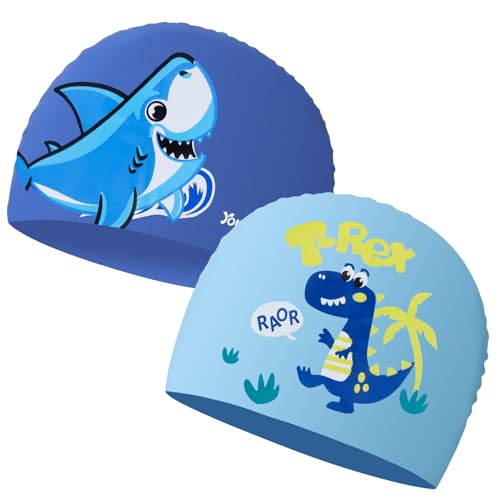 2 Stück Kinder Badekappe Wasserdicht, Elastisch Swimming Cap Junior Stoff Badekappe Schwimmhaube Schwimmkappe für Jungen Mädchen Kinder, Blau
