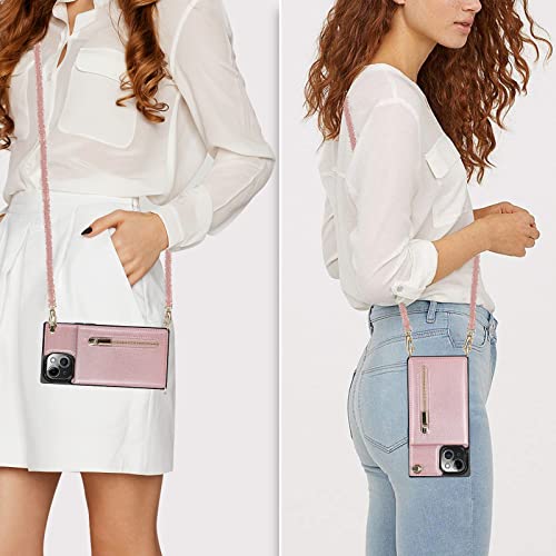 Hoggu Crossbody Iphone 14 Plus Case Wallet With Card Holder, Flip Leather Iphone 14 Plus Crossbody Case With Strap, Kickstand, Zipper Purse, Protective Square Phone Case For Women Girls-Rose Gold #TOP3
