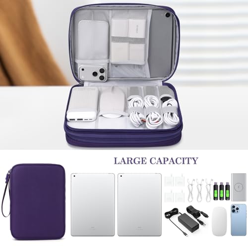 Image of FYY Electronic Organizer, Extra Large Travel Cable Organizer Bag Pouch Portable Waterproof Double Layers All-in-One Storage Bag for iPad, Cable, Power Bank, Laptop Charger for Office /Home, Purple