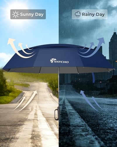 Image of ANYCHO 54 Inch Umbrella for Rain Big Size, Double Layer Vented Sun Umbrella with Carabiner Handle & 8 Double Ribs, Windproof Waterproof Auto Open Umbrella for Men Women