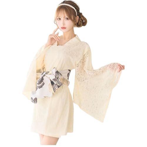 [LoveRich] ラブリッチ 総レース ミニ オフショル 美胸 豪華 帯 花魁 着物 ドレス コスプレ イベント ハロウィン キャバドレス [1224] イエロー FREE - LoveRich - 商品画像