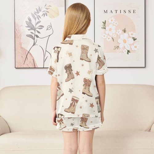 Satin Pajama Sets Short Sleeve Boot Pattern with Stars Button Down Silky Nightwear 2 Piece PJS 5-14Y4