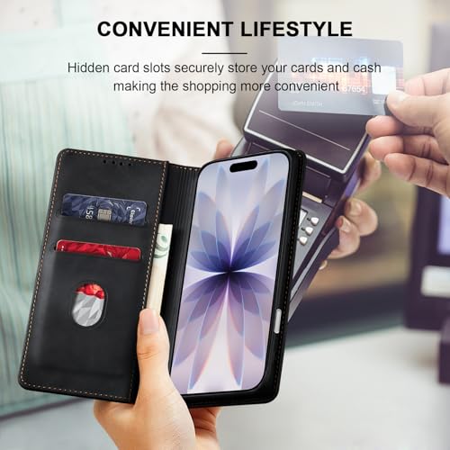 Image of Jasonyu Flip Wallet Case for iPhone 17,Leather Magnetic Folio Cover with Card Holder,Kickstand - TPU Shockproof Durable Protective Phone Case,Black