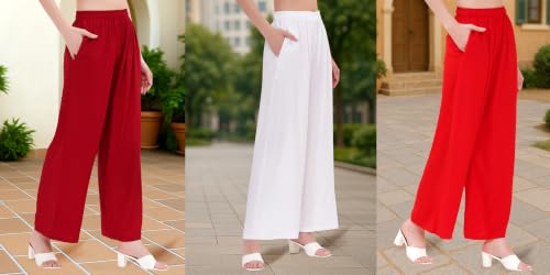 Image of Buy That Trendz Palazzo Pants for Women Rayon Elasticated Regular Fit Flared Wide Leg M to 6XL Pack of 3