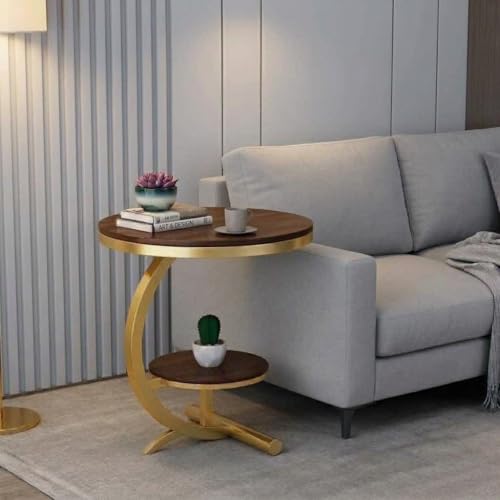 Image of NEST NATURE HAVEN Wood 2 Tier Round Coffee Table Nightstand Bedside Telephone Table with Storage, End Table Sofa Side Corner Table for Living Room Bedroom, Gold Brown