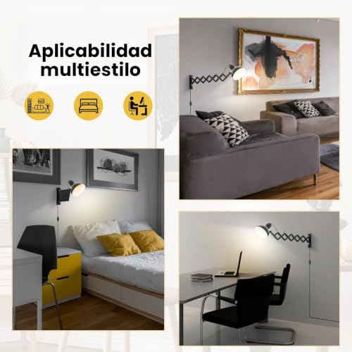 Iluminación de pared negro con brazo extensible e interruptor 5