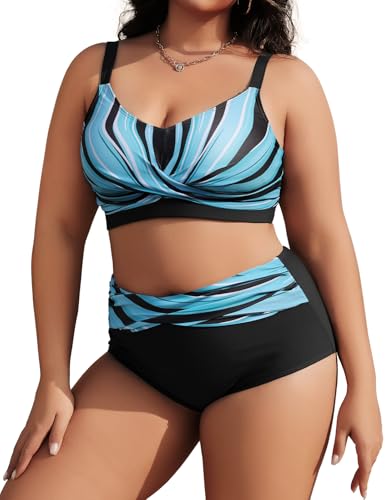 Tuopuda Bikini Mujer Talla Grande Push Up Cintura Alta Traje de Baño Dos Piezas Conjunto de Bikini Biquini con Relleno Bikini Top con Brasileño Braga Alta Natacion Playa M-4XL, Azul Claro, XXL