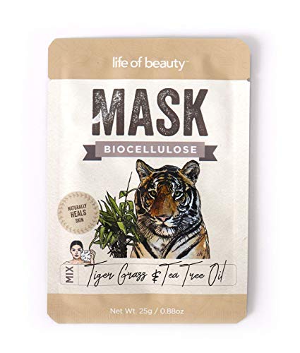 Life of Beauty Facial Sheet Mask Set - Bio Cellulose Korean Face Masks (Tiger Grass & Tea Tree Oil, 12-pack)