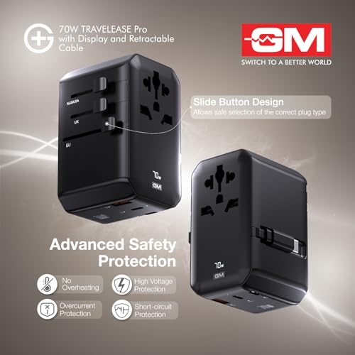 Image of GM G+ 70W TravelEase Pro with Display|Travel Adapter US, UK, EU, AU, 150+ Countries | Multi-Port | Dynamic Wattage Display, MacBook Air-M4, Laptop, iPhone, Samsung, DSLR, 75cm Retractable-C Cable