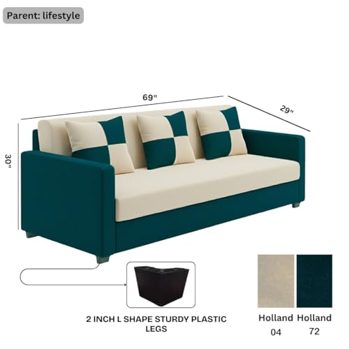 Image of FURNY Ameno 3 Seater Fabric Sofa Set (Cream-Greenish Teal) Premium Velvet Finish | Durable Comfort Ideal for Living Room