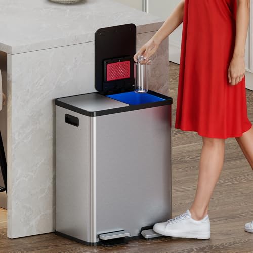Image of iTouchless SoftStep 60 Liter / 16 Gallon Kitchen Step Trash Can & Recycle Bin with Double Odor Filters and Color-Coded Buckes, Stainless Steel, 2 x 8 Gallon (30L), Soft Close Lid and Airtight Seal