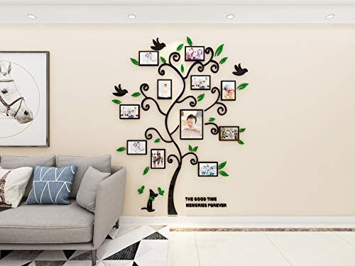 3D Tree Wall Stickers - Family Tree Wall Decor Black Trunk Picture Frame DIY Photo Frame Decals Family Frames Living Room (Green, Medium)