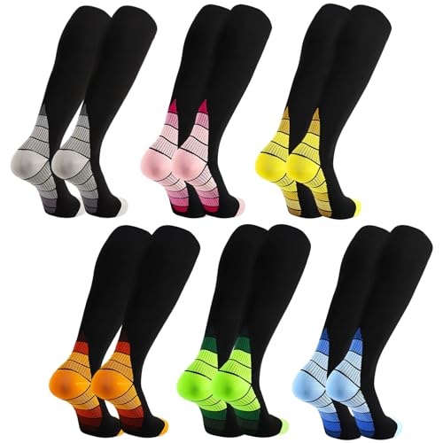 Ecofocet 6 Pares Medias de Compresión Mujer Hombre, Calcetines Compresion, Medias de Compresion Varices, Compression Socks para Deporte Running Avion Viaje Ciclismo, 18 25mmHg (S M)