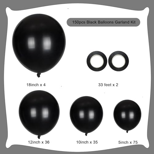 Image of 150pcs Black Balloons Different Sizes Pack, 18 12 10 5 Inch Party Balloon Garland Arch Kit for Halloween Birthday Graduation Baby Shower Party Decorations(With 2 Ribbons)