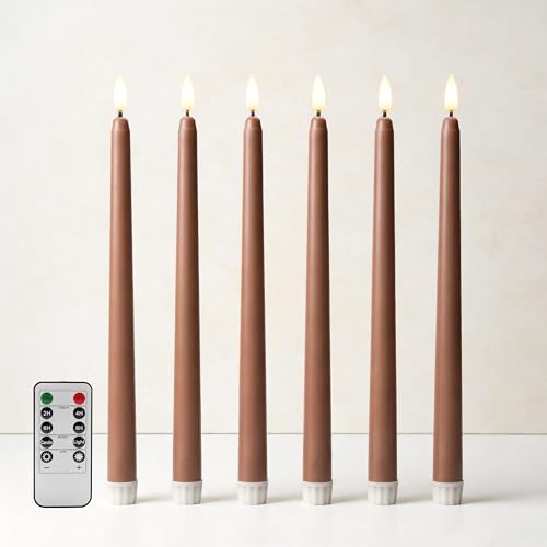 Brown Flameless Taper Candles with Remote, LED Candlesticks Set of 6