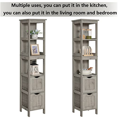 Usikey 55.7" Storage Cabinet With 2 Drawers, Wooden Bathroom Floor Cabinet, Freestanding Linen Tower With 3 Open Shelves, For Living Room, Kitchen, Grey,Ysng015C #TOP5
