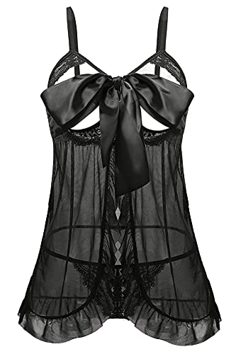 Aranmei Women's Sexy Self Tie Cup Bow Lace Babydoll Open Front Mesh Sleepwear Lingerie With Thong Black Small #TOP24