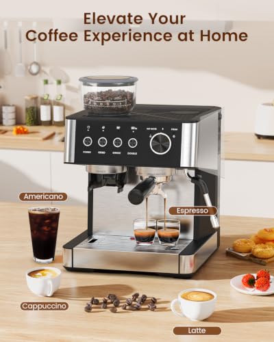 Image of Espresso Machine with Grinder, Professional Expresso Coffee Machines,Coffee Maker with Tamping Tools and Steam Wand, 30 Grind Settings, Removable Water Tank for Cappuccino /Latte-Stainless steel&Black