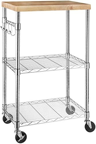 Amazon Basics 3-Tier Microwave Cart on Wheels with Removable Wood Top and Height-Adjustable Chrome Shelves with 175 Pound / 79.5kg Weight Capacity, Wood/Chrome