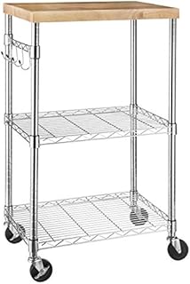Amazon Basics 3-Tier Microwave Cart on Wheels with Removable Wood Top and Height-Adjustable Chrome Shelves with 175 Pound / 79.5kg Weight Capacity, Wood/Chrome