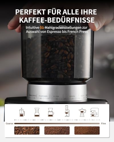 SHARDOR Kaffeemühle Elektrisch mit 51 Mahlgraden, LED-Touchpanel, Elektrische Kaffeemühle Siebträger mit Präzisions Elektronik Zeitschaltuhr, Programmierbare Tassen/Zeit Kegelmahlwerk, Für Espresso