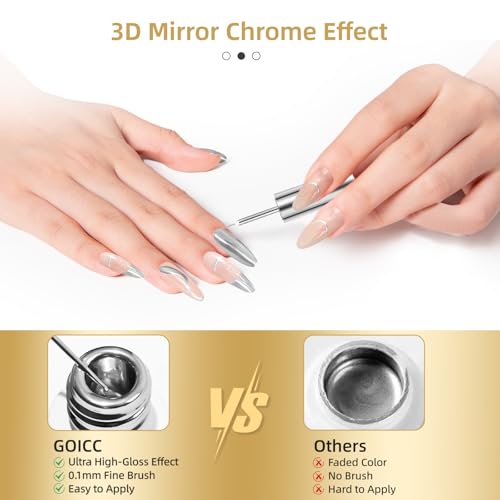 GOICC Pintauñas Gel Semipermanentes Metálica Esmaltes Semipermanentes para Uñas 3D Efecto Espejo Cromado 2 Colores 8ML Plata Dorado Gel Liner Nail Polish con Pincel Fino para Francesa Dibujo Pintado - imagen 6