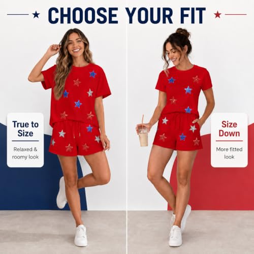 Image of VILOVE 4th of July 2 Piece Sequin Outfits Women 250 Anniversary Usa Shirts and Short Sets Casual Patriotic Shirt Summer Set