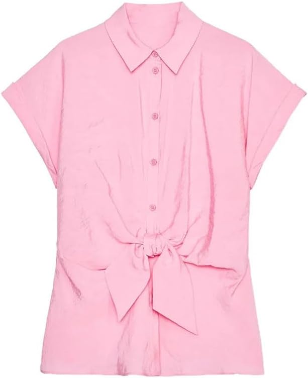 Women's Short-Sleeved Slim-Fit Bow-Decorated Shirt