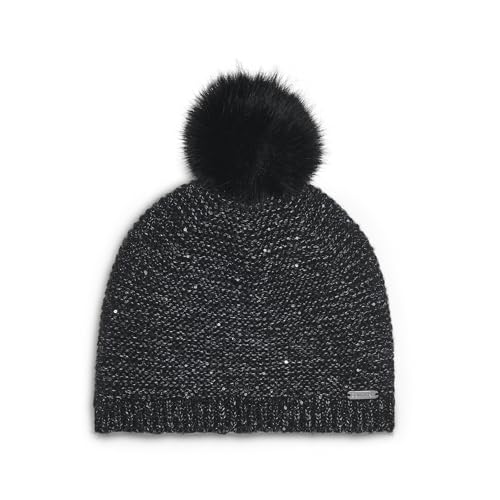 Calvin Klein Women's Mini Sequin Beanie with Faux Fur Pom, Black, One Size
