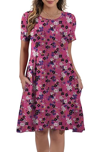 Image of REGAI Womens Summer Dresses Casual Loose Tshirt Crew Neck Floral Short Sleeve Flowy Pockets Sundresses, Floral Red 202507, L
