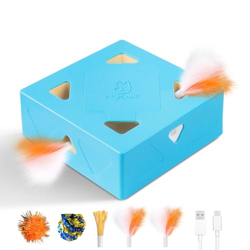 Migipaws 3 en 1 Jouet pour Chat, électrique interactif 7 Trous MigiBox, Secret de préhension sous la Peau émergente,Jouet pour Chaton Qui s'ennuient, Rechargeable, 4pcs Accessoires-Bleu