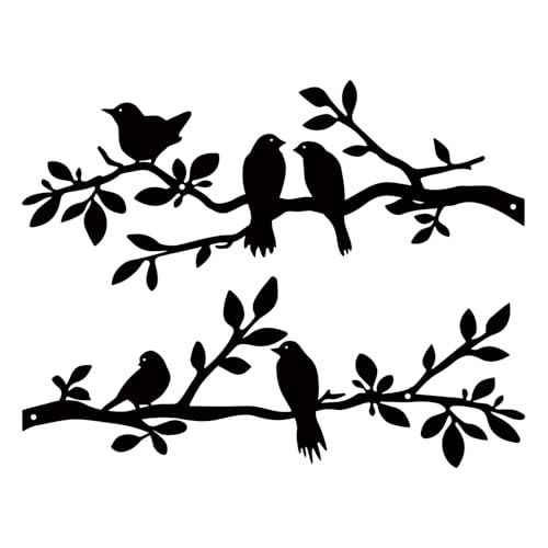 ESTART Wanddekoration mit Vögeln aus Metall, 2 Stück, lebendige Vögel auf AST, Silhouette, für den Außenbereich, Wandskulptur zum Aufhängen, für Zuhause, Küche, Balkon, Garten (Schwarz)