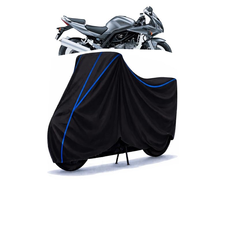 Image of Suzuki sv 1000 Bike Cover Water Resistant Universal Motorcycle Rain | Heavy Duty UV Protection, Dust, Scratch Indoor Outdoor All Weather with Black Blue Piping Elastic