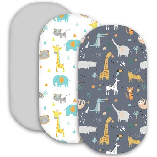 Image of Little Grape Land Bassinet Sheets for Baby Boys Girls 3 Pack, 33 inch x 18 inch Extra Soft Breathable Fitted Bassinet Sheets, Bedside Sheets Fit for Oval Rectangle and Hourglass Bassinet Mattress (Animal)