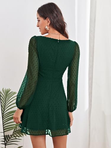 Image of Women's Polka Swiss Dots Square Neck Dress Lantern Long Sleeve Dress for Women Chiffon Mini Dress
