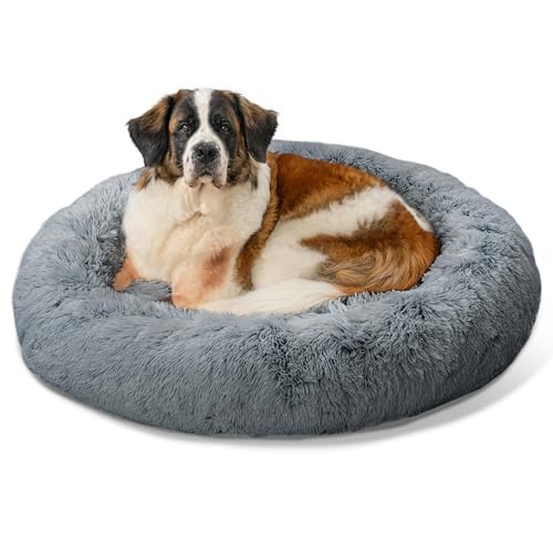 Image of Best Friends by Sheri The Original Calming Donut Dog Bed for Extra-Large Dogs up to 150 lbs, Shag Faux Fur, Gray, 45 inch x 45 inch