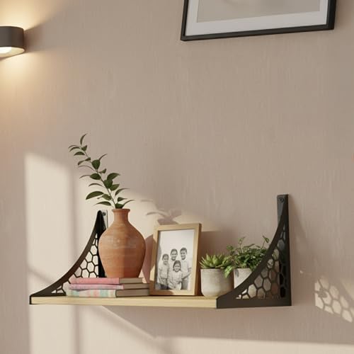 Image of Wall Shelf with Wooden Top Black|White Iron Brackets Storage Rack|Industrial Wall-Mounted Floating Shelf for Living Room,Kitchen,Bathroom (Black Hexagon Large)