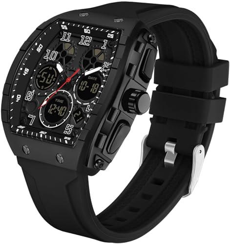 Watches for Men Unique Rectangle Relojes para Hombres Black Wristwatch with Digital Analog Dual Time Display Countdown Stopwatch Punk Cool Design 5ATM Waterproof