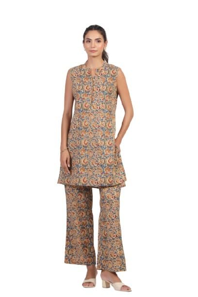 Delight Blue Kalamkari Cotton Co-ord Set for Women-image-37