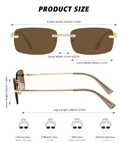 Image of Retro Frameless Rectangle Sunglasses Womens Trendy Narrow Small Frame Spring Hinge UV Protection FZN905