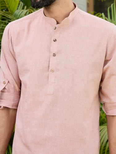 Image of See Designs Men's Roll-Up Sleeve Mandarin Collar Cotton Solid Short Kurta (Pack of 2) - Festive Collection
