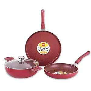 Cello Crown Induction Base Cookware Non-stick coating Set with Spatter & Soft Touch Handles & Glass Lid | American heritage original coating | Cherry Red