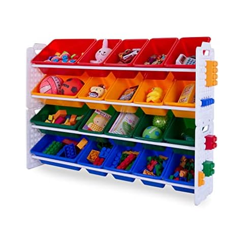 UNiPLAY Toy Organizer with 20 Removable Storage Bins, Multi-Bin Organizer for Books, Building Blocks, School Materials, Toys with Baseplate Board Frame (Primary) Cover