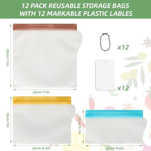 RLAVBL 12 Pack Reusable Freezer Bags, Leakproof Food Storage Bags for Vegetable, Liquid, Snack, Meat, Sandwich - 3 Gallon 4 Sandwich 5 Snack Bags - Thumbnail 4