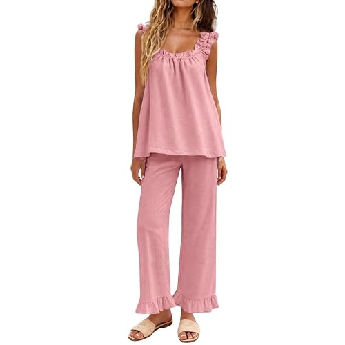 Marvmys Womens Pajamas Set 2 Piece Ruffle Pj Set Cute Pajamas Sexy Tank Top and Long Pants Bridal Loungewear Set S-2XL