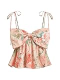 BEAUDRM Women's Boho Floral Bow Cami Tops Tie Shoulder Ruffle Hem Peplum Crop Camisole Pink Small
