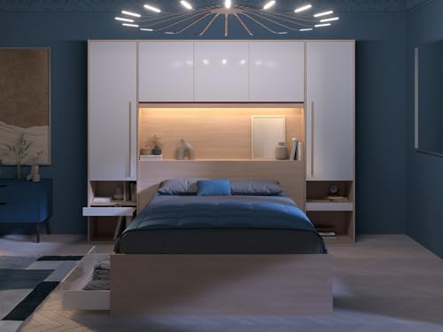 Vente-unique-Bett mit Stauraum + Lattenrost + Matratze - 140 x 190 cm - Mit LED-Beleuchtung - Holzfarben & glänzend weiß - VELONA – Bild 8