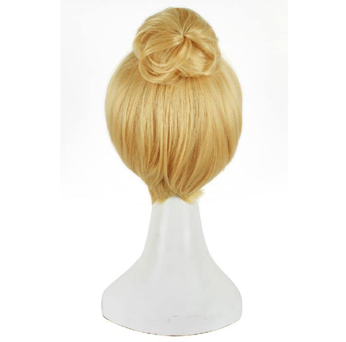 Vista 4 de Peluca de cosplay de princesa Tinker Bell Tinkerbell de pelo corto rubio con moño, resistente al calor, pelucas de disfraz de cosplay + gorra