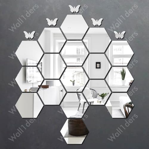 Image of Wall1ders 20 Hexagon with 10 Butterfly Silver (Hexagon Size 10.5 x 12 cm) Hexagon Mirror wall Stickers, Hexagonal Mirror wall Sticker for Hall Room, Living Room, Bed Room, Kitchen, Home & Offices.